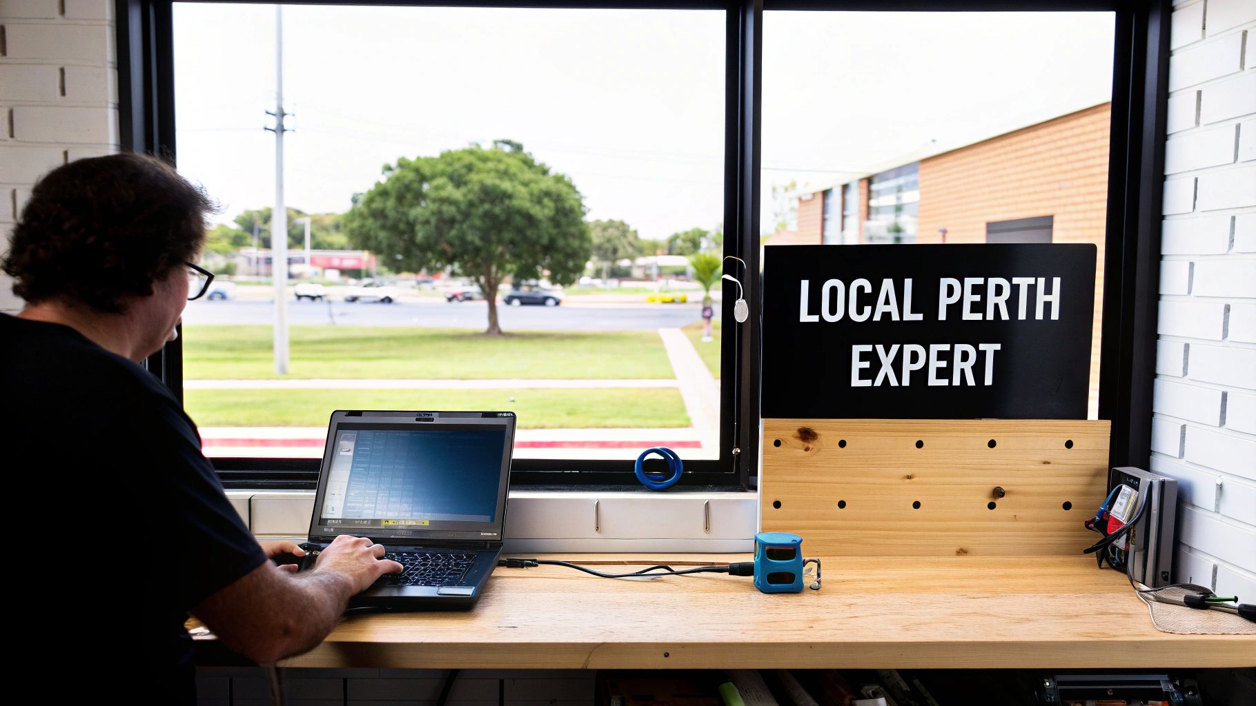 A person works on a laptop at a desk with a 'LOCAL PERTH EXPERT' sign and a street view.