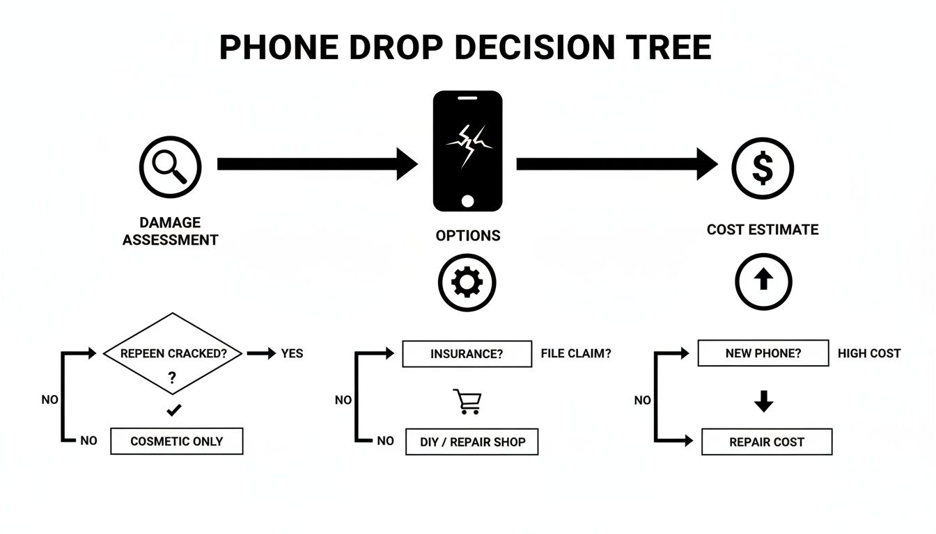 Flowchart detailing the decision process for a dropped phone, including damage assessment, repair options, and cost.