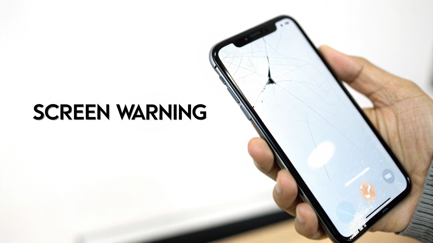 A hand holds a black iPhone with a severely cracked screen, with the text 'SCREEN WARNING'.