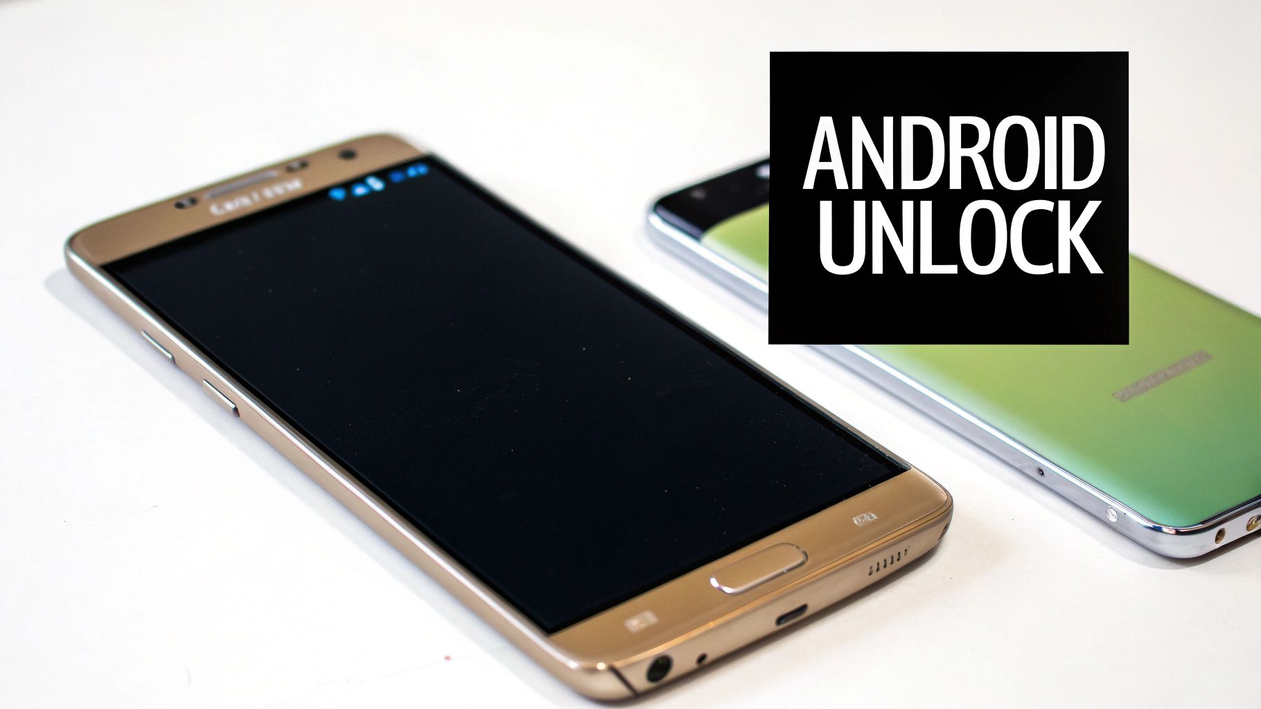 Two smartphones, a gold one and a green one, on a white table with an 'ANDROID UNLOCK' label.
