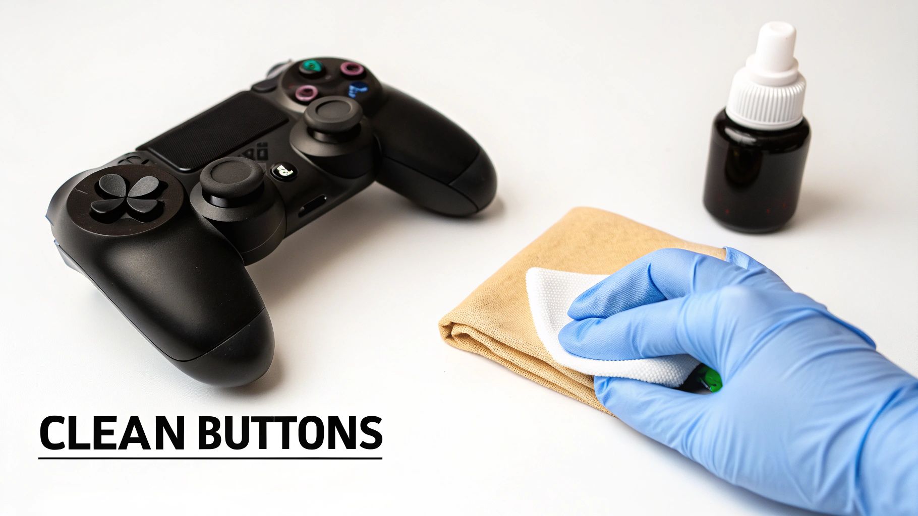 A person wearing blue gloves is cleaning a black PlayStation controller with a white cloth, alongside a cleaning solution bottle.