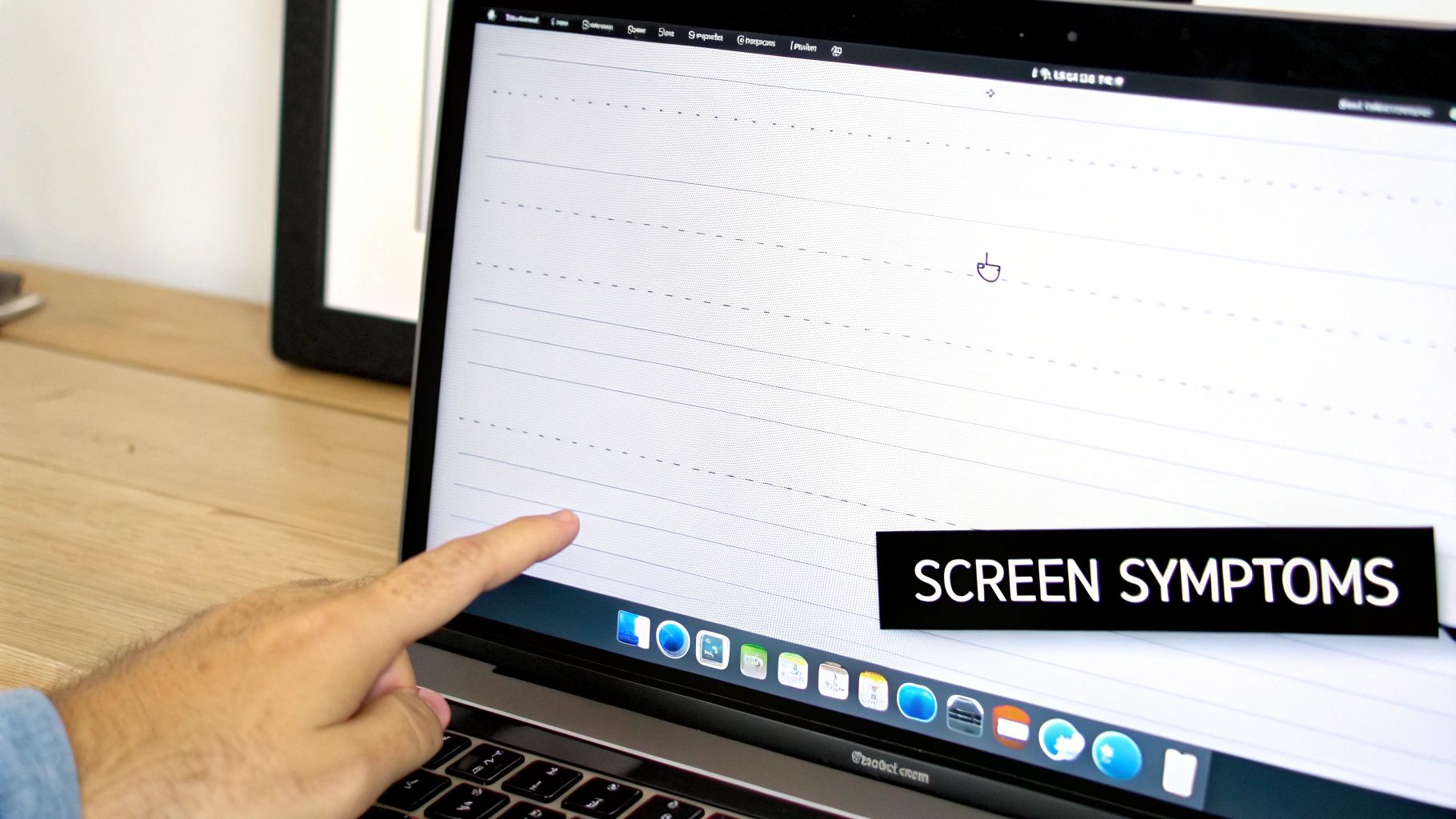 A person's hand points to a MacBook Pro screen displaying 'SCREEN SYMPTOMS'.