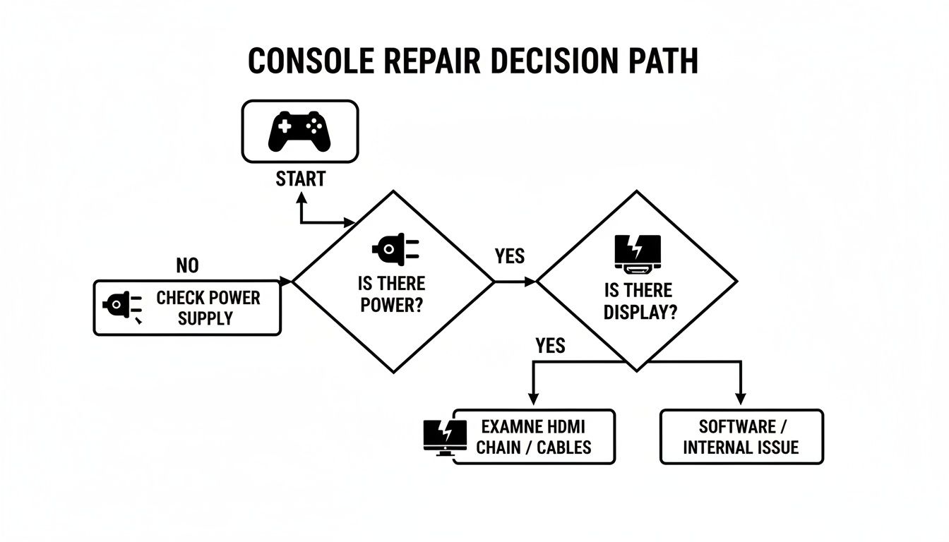 A flowchart outlining the decision path for troubleshooting and repairing a gaming console.