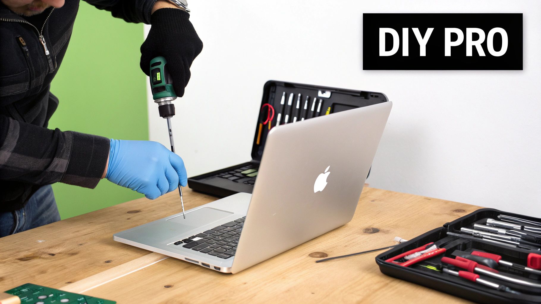 A person wearing blue gloves uses a power screwdriver to fix a silver MacBook Pro on a wooden table, with various repair tools nearby.