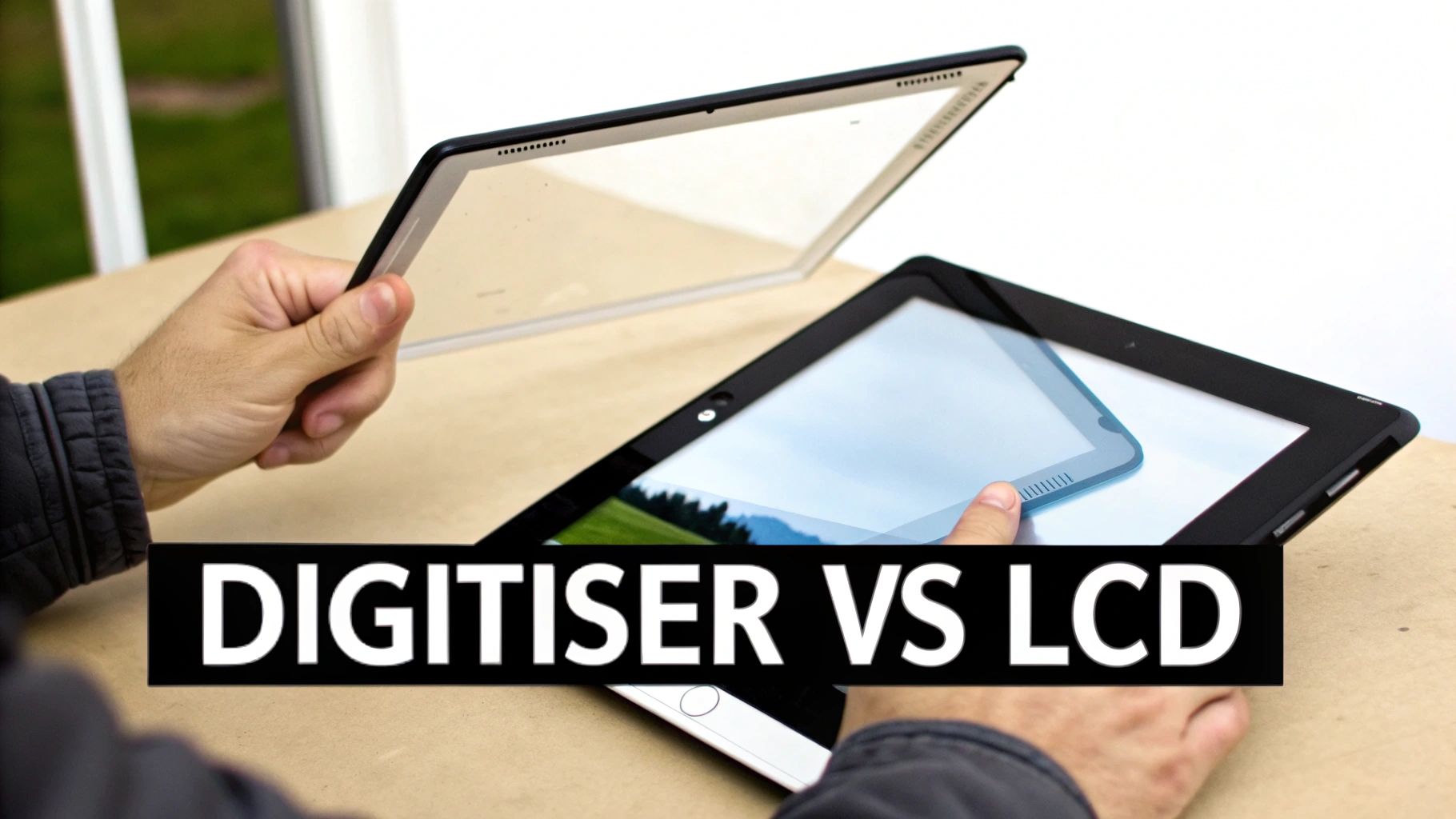 A person separating a digitizer from an LCD screen on a tablet, illustrating components.