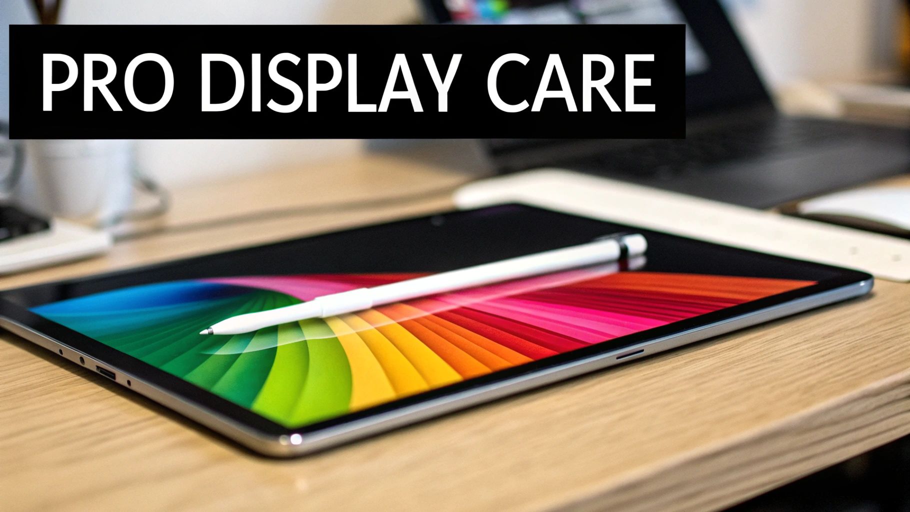 An iPad Pro with a colorful display and Apple Pencil on a wooden desk, advertising 'PRO DISPLAY CARE'.