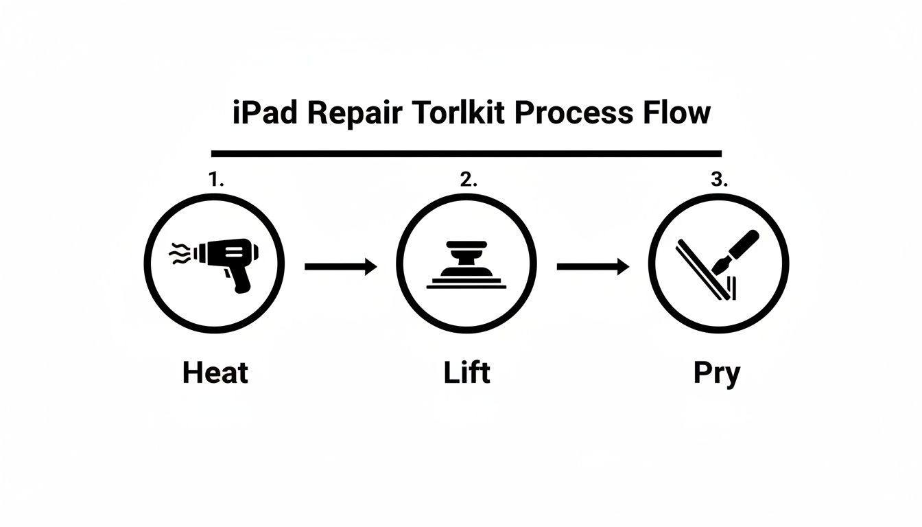 A three-step process for iPad screen repair, showing icons for heating, lifting, and prying.