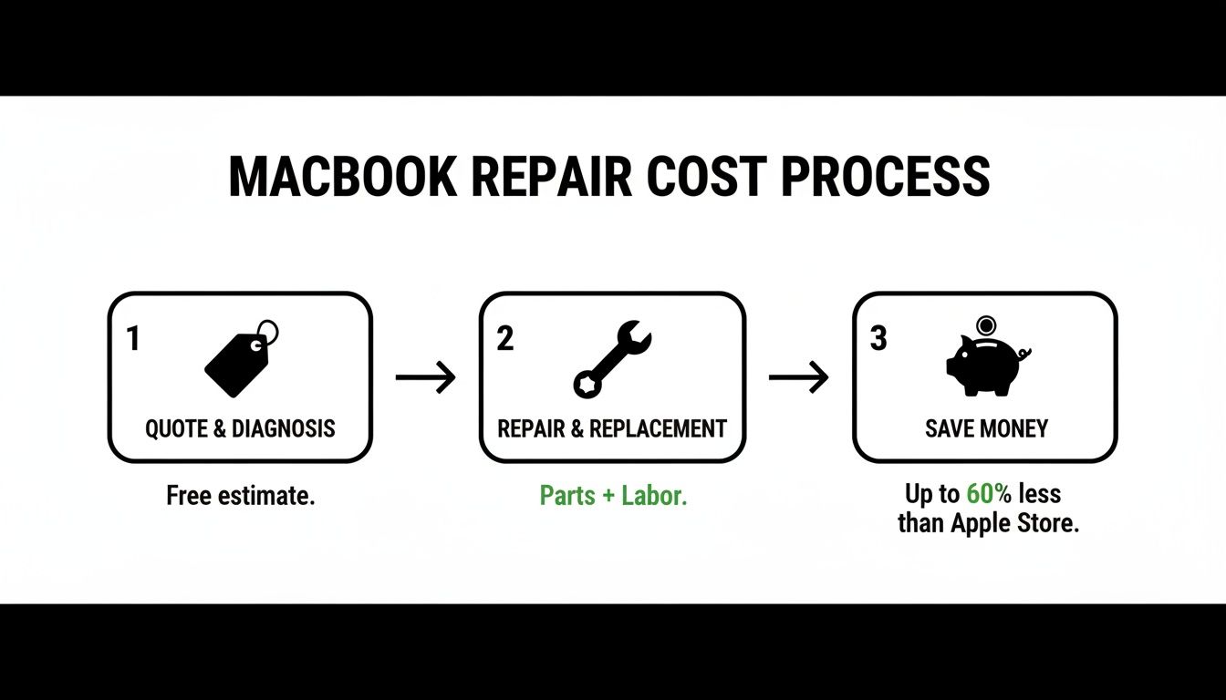 A three-step process for MacBook repair showing quote, repair, and saving money compared to Apple Store.