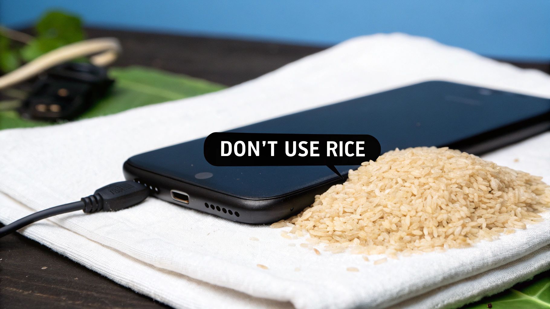 Black smartphone connected to a charger, next to brown rice with a 'DON'T USE RICE' warning.