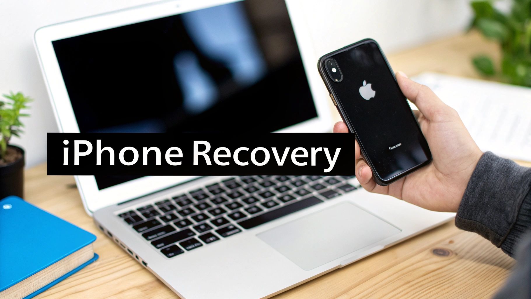 A hand holds a black iPhone next to a silver laptop with an "iPhone Recovery" text overlay.