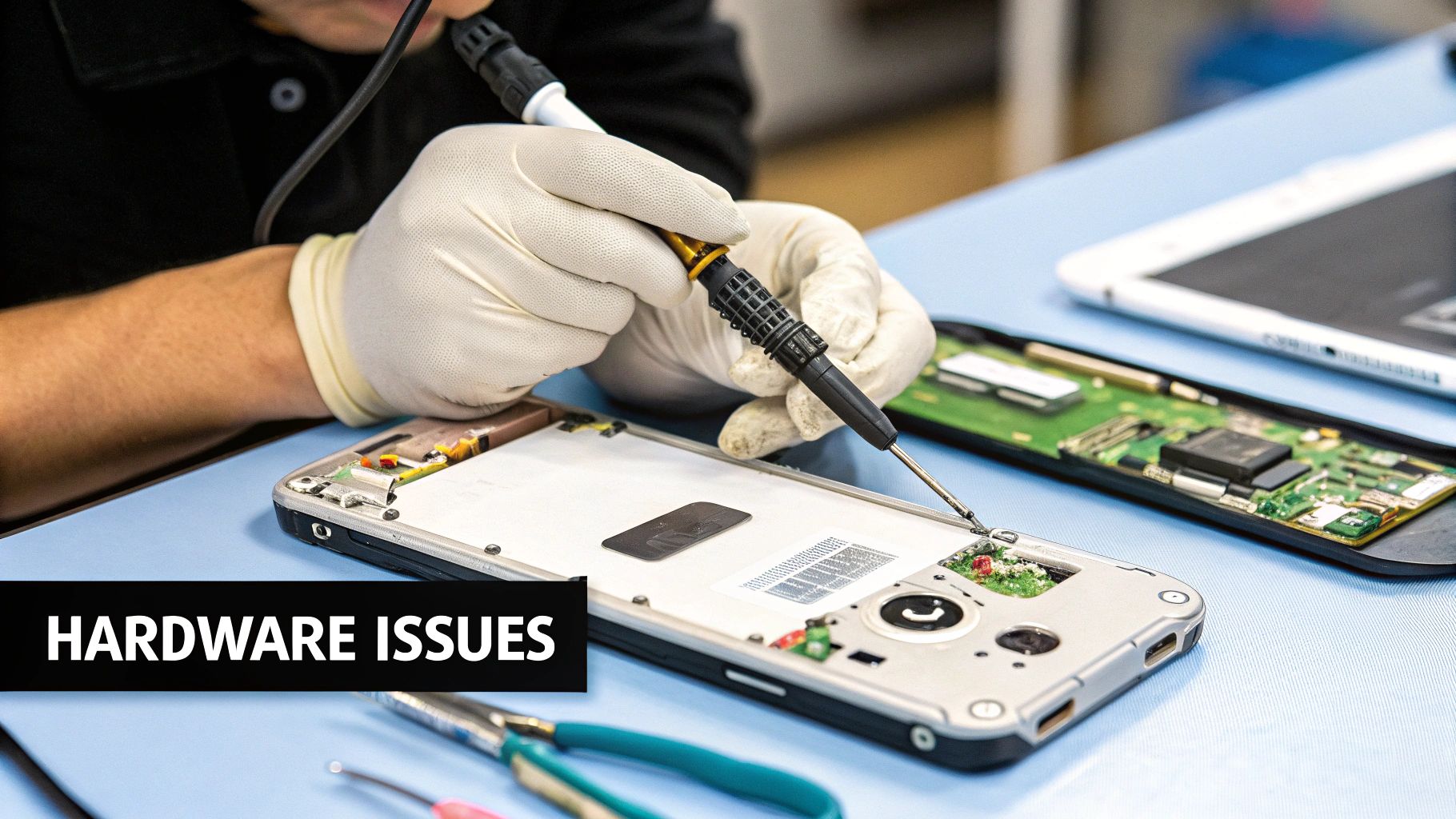 Gloved hands use a soldering iron to repair a smartphone, addressing hardware issues.