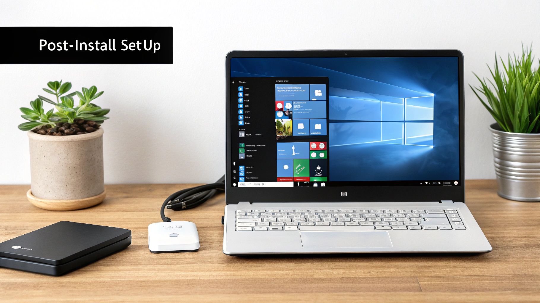 Laptop displaying Windows 10 Start Menu with external hard drive and setup accessories on a wooden desk.