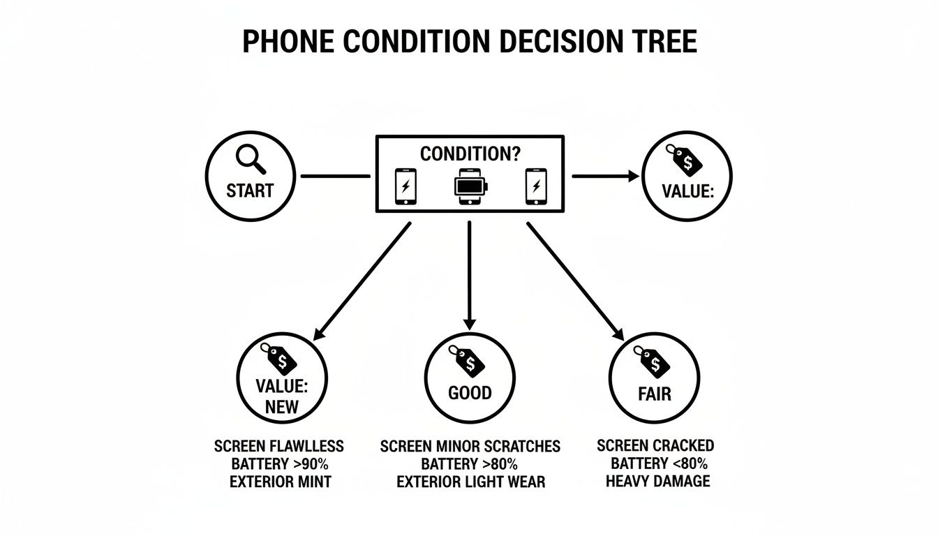 A phone condition decision tree illustrating criteria for New, Good, and Fair phone value based on screen, battery, and exterior.