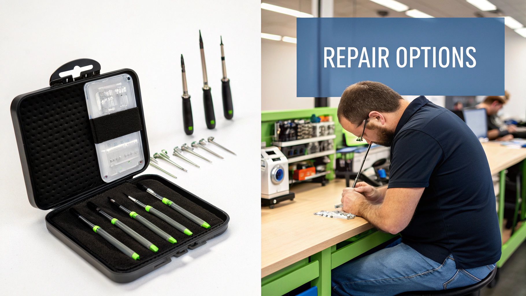 A collection of small screwdrivers and bits, alongside a technician repairing electronics.