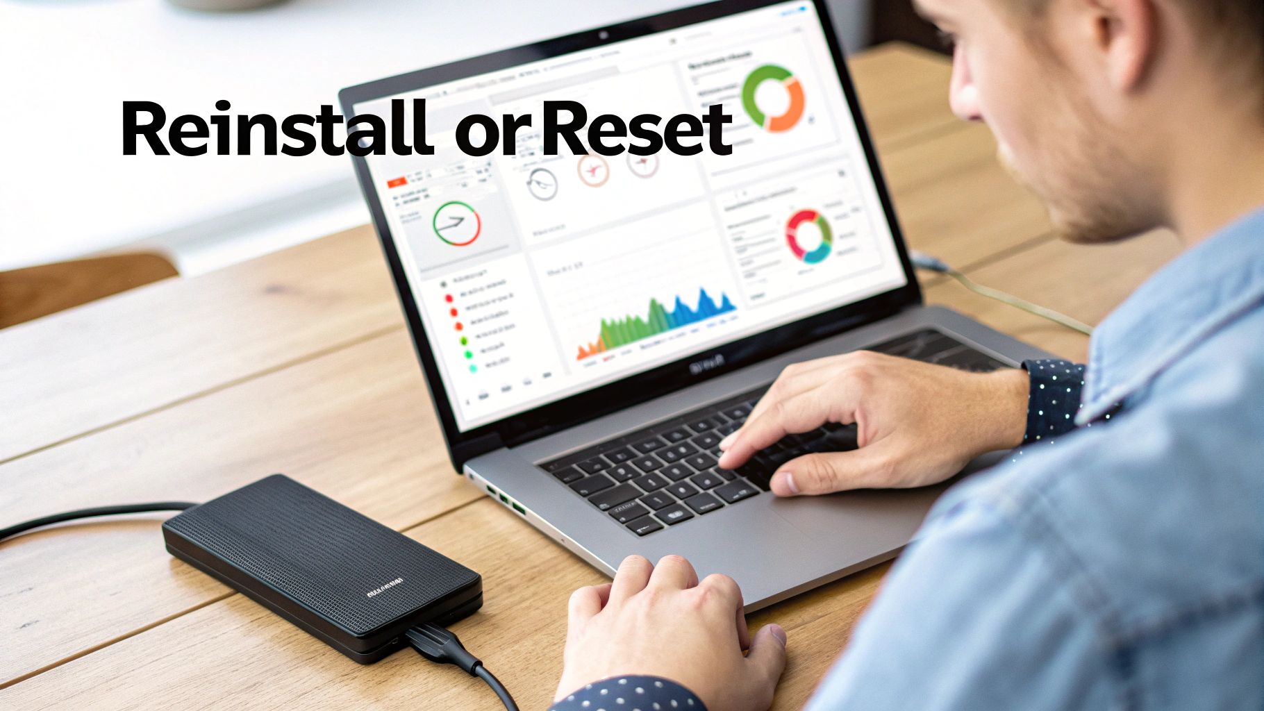 A man typing on a laptop displaying data charts, connected to an external hard drive, with 'Reinstall or Reset' text.