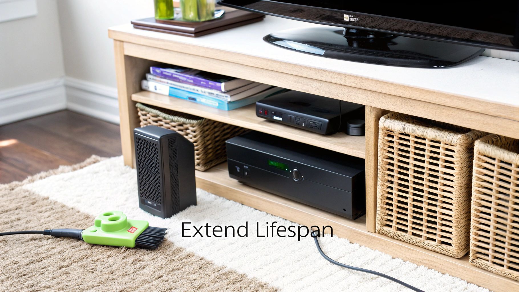 A green electronics cleaning brush and a black device on a rug in front of a media console.