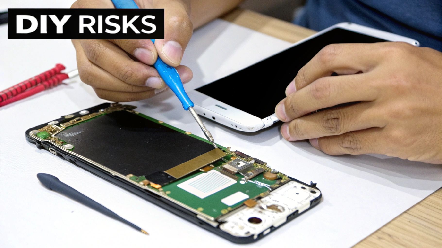 Person repairing a smartphone with a small screwdriver, highlighting DIY risks and phone repair.