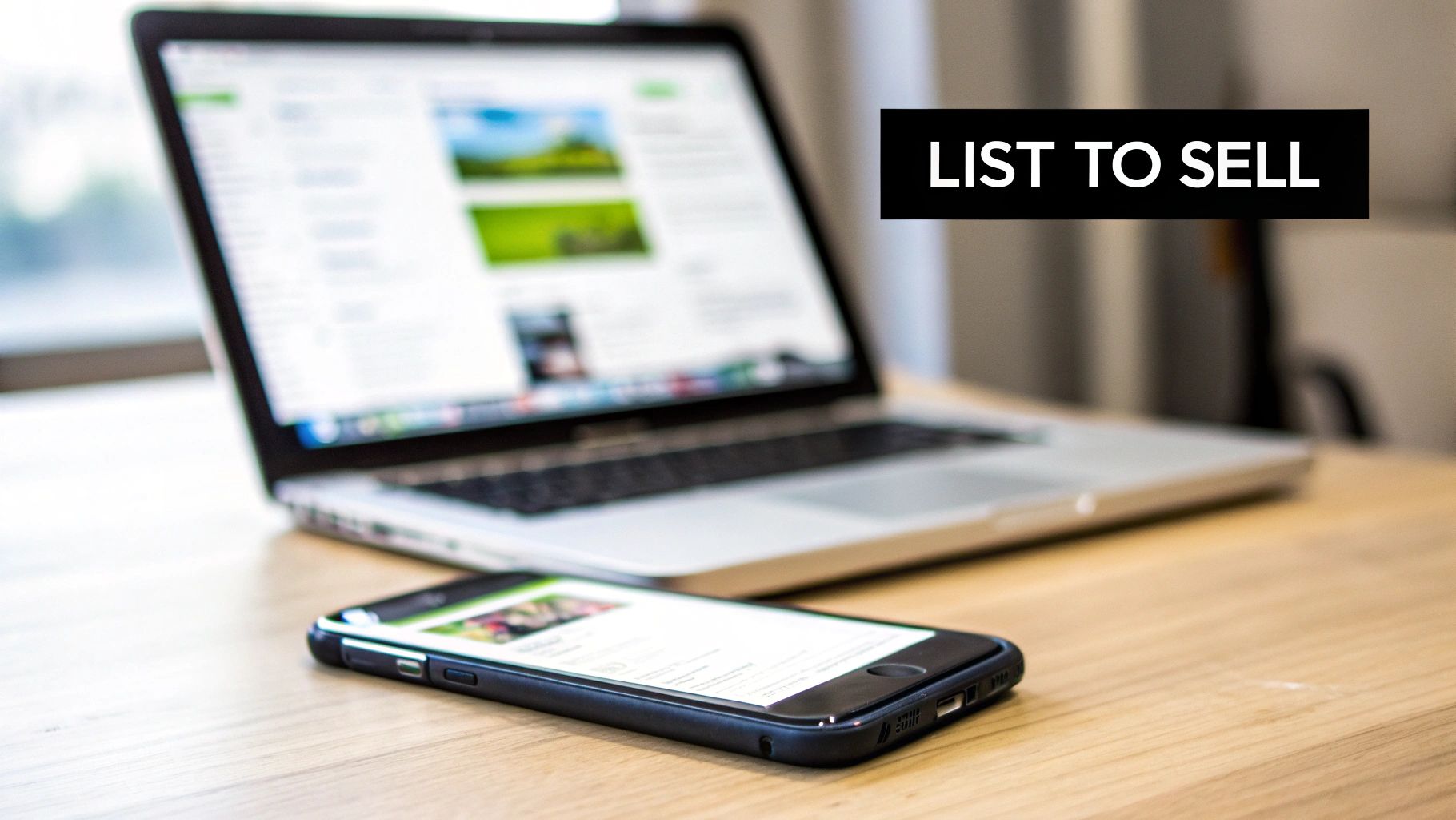 A laptop and a smartphone on a wooden desk, with a 'LIST TO SELL' overlay, ideal for online selling.