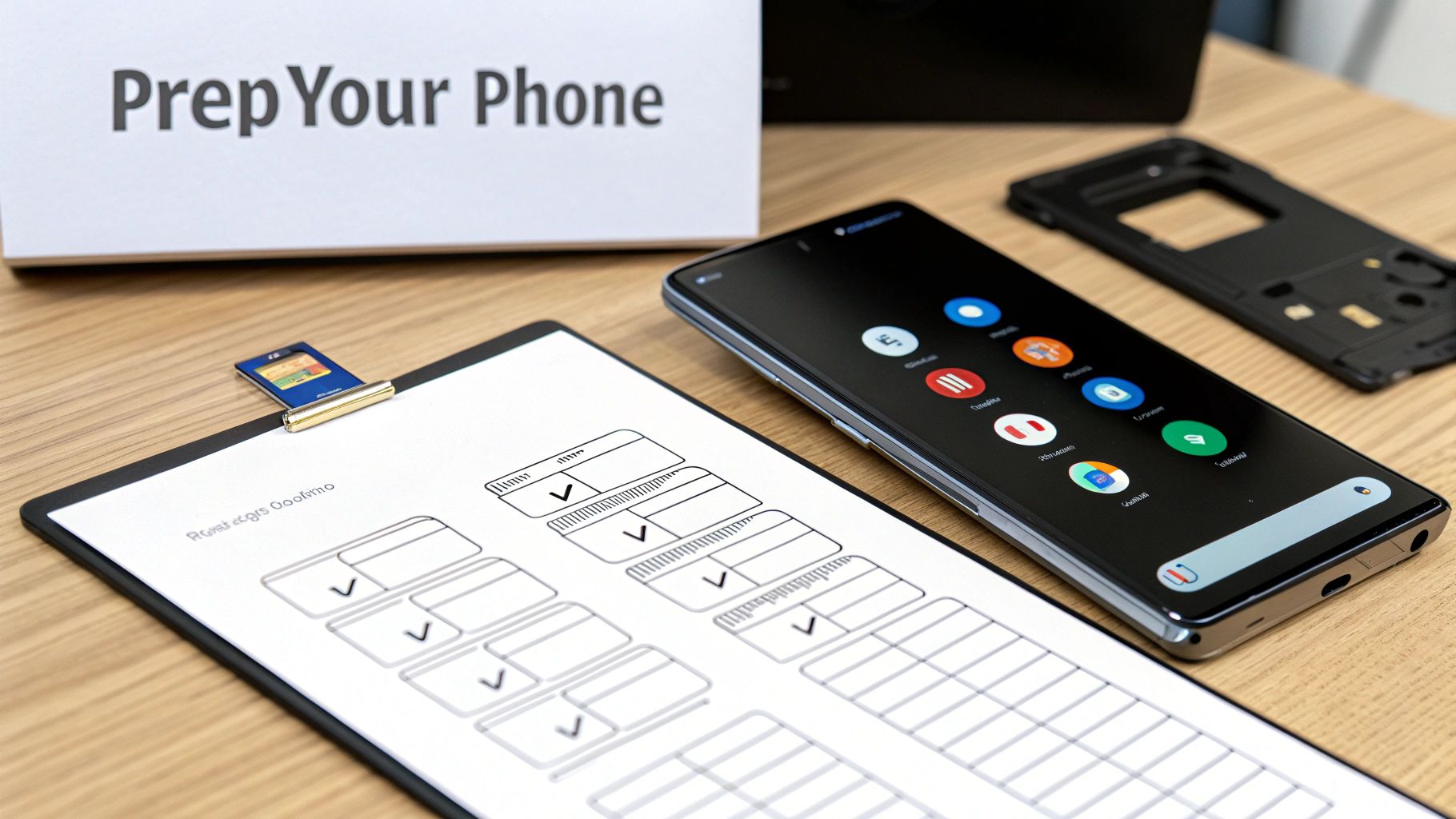 A smartphone, "Prep Your Phone" sign, and repair checklist with SD card on a wooden desk.