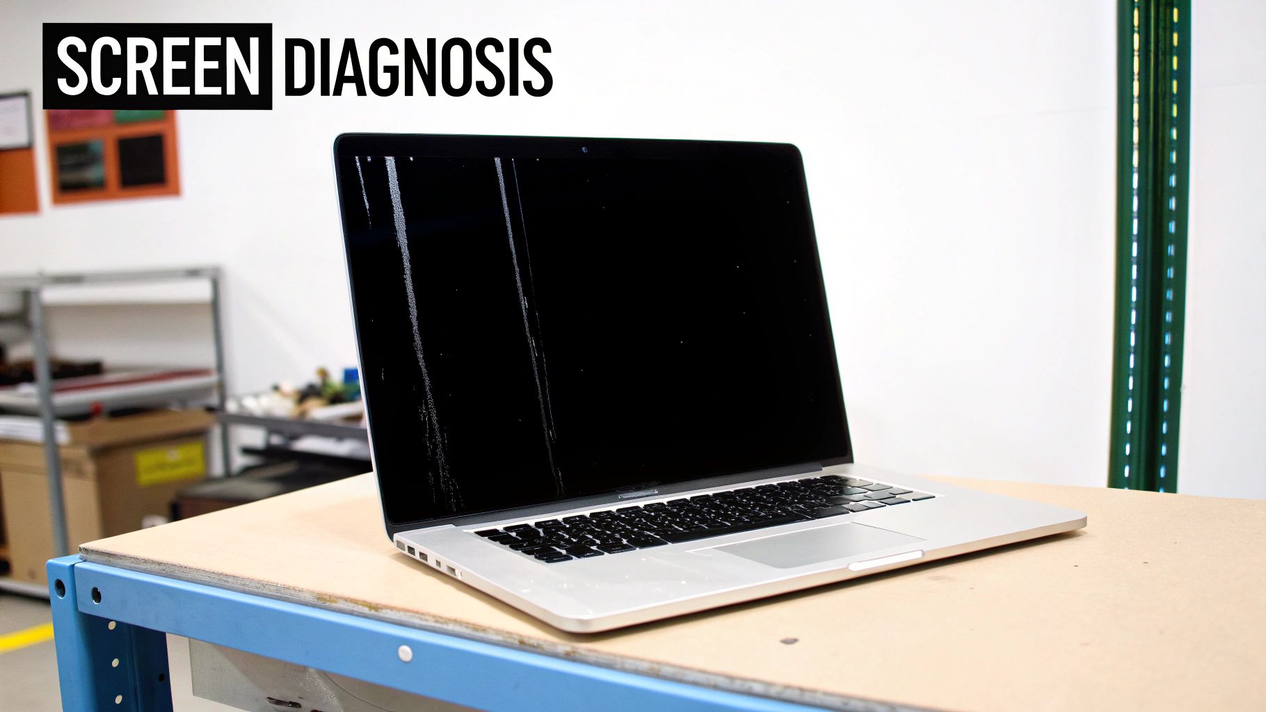 MacBook Pro laptop with damaged black screen displaying vertical lines on wooden workbench