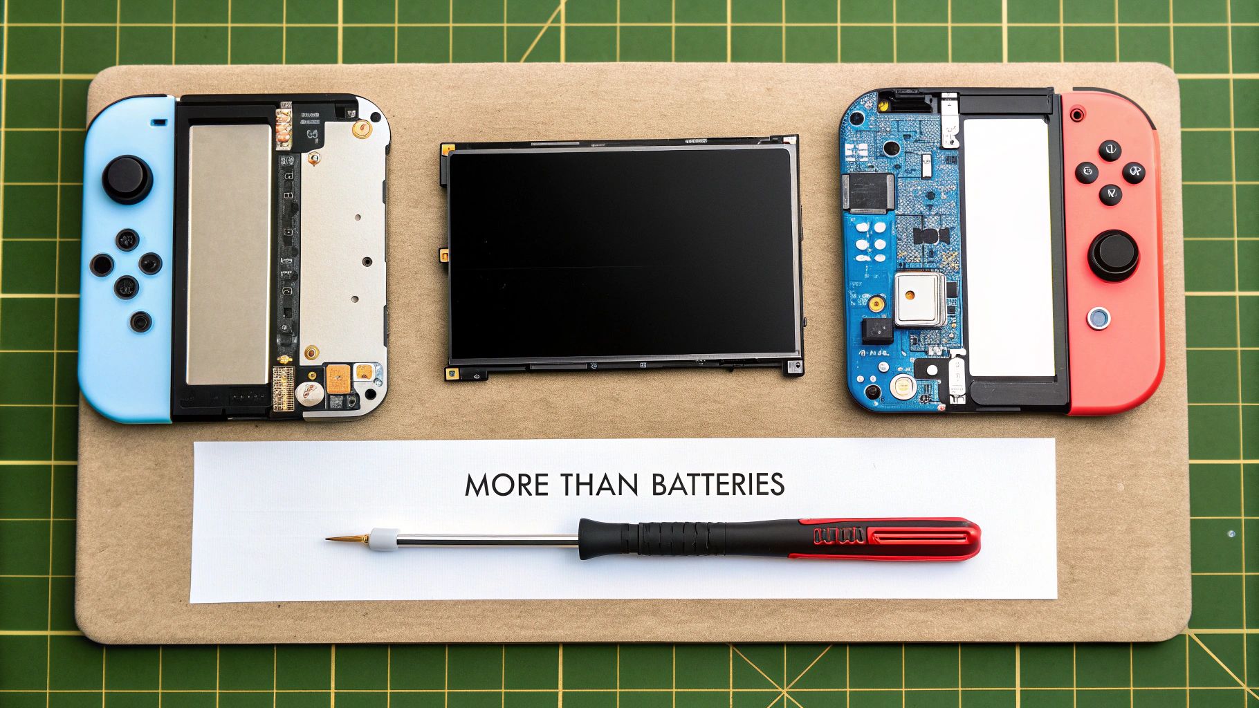 Disassembled Nintendo Switch components and Joy-Cons laid out with a screwdriver on a workbench.
