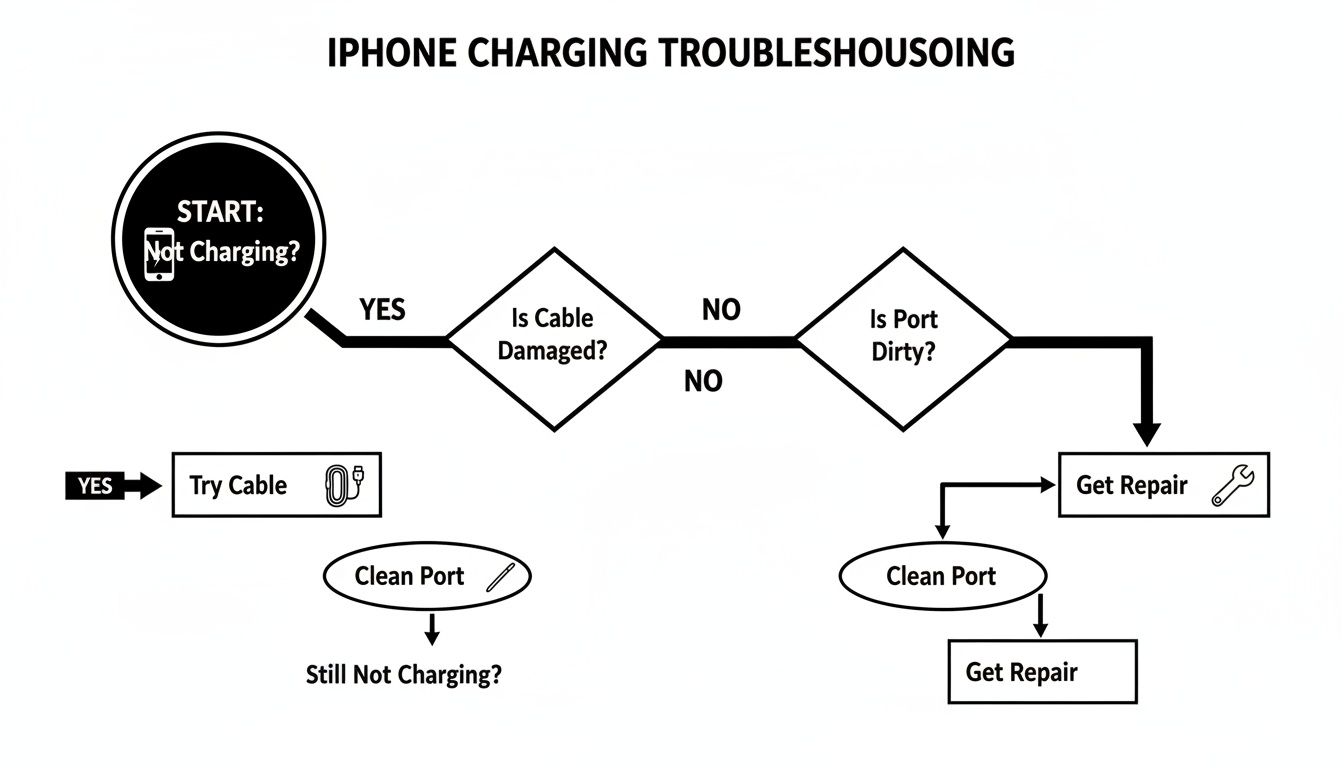 Flowchart for iPhone charging troubleshooting, guiding users through steps like checking cable, cleaning port, and repair options.