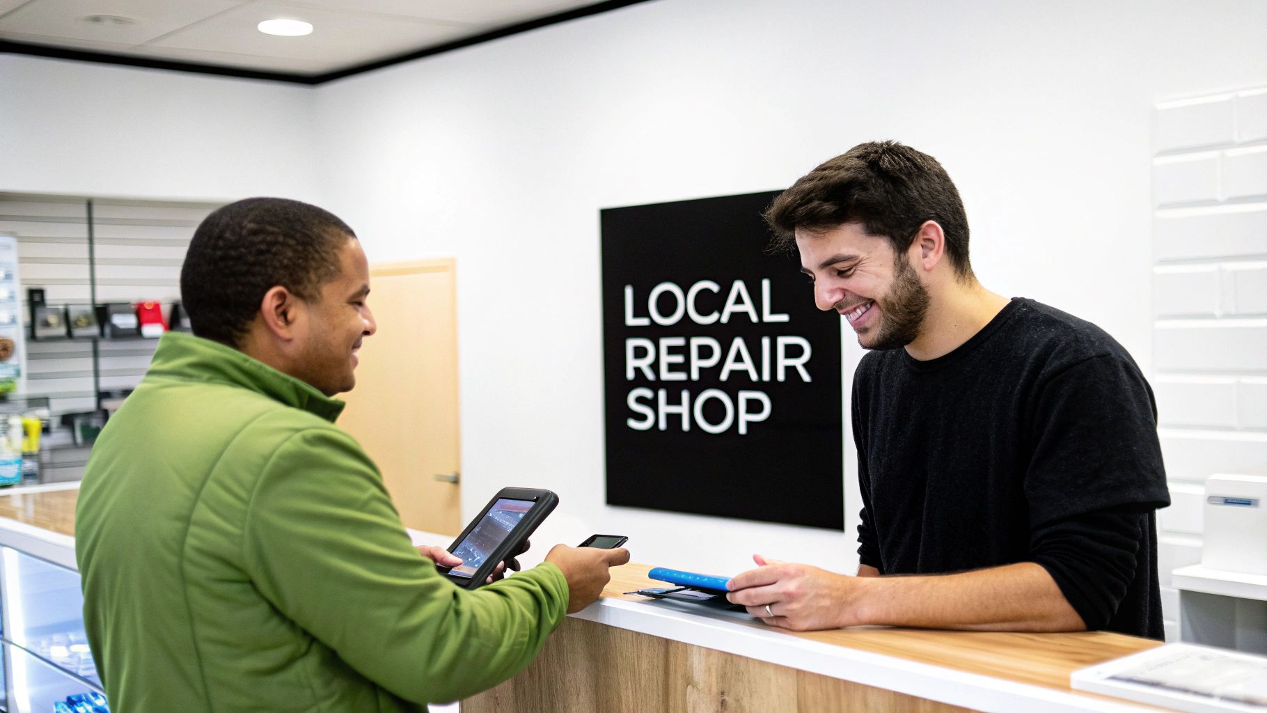 Smiling customer and employee at a local repair shop counter, exchanging mobile devices.