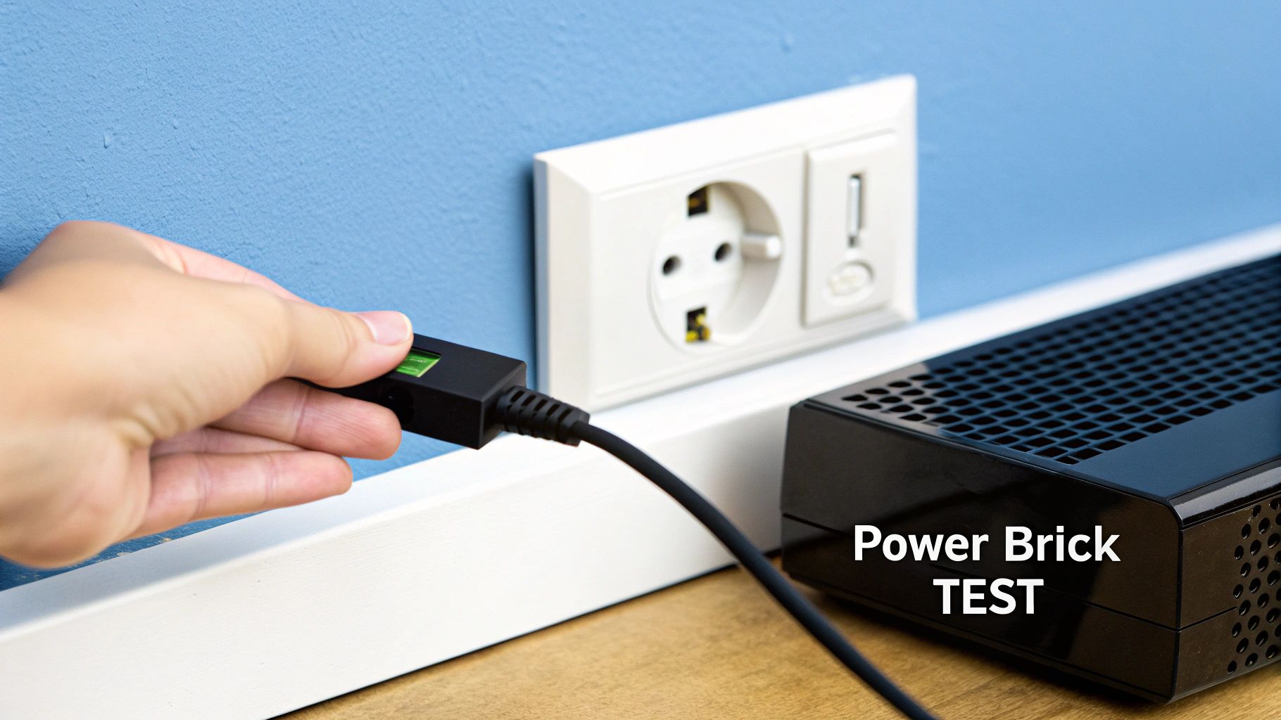 Hand plugging a power cable with an indicator light into an Xbox 360 S power brick near a wall outlet.