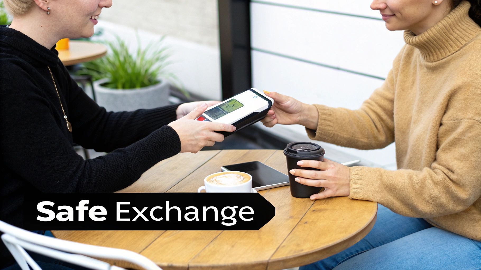 Two people at a cafe table exchanging a smartphone-like device, symbolizing a safe transaction.