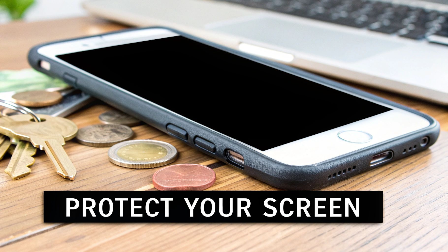 A white smartphone in a black protective case, keys, and coins on a wooden table.