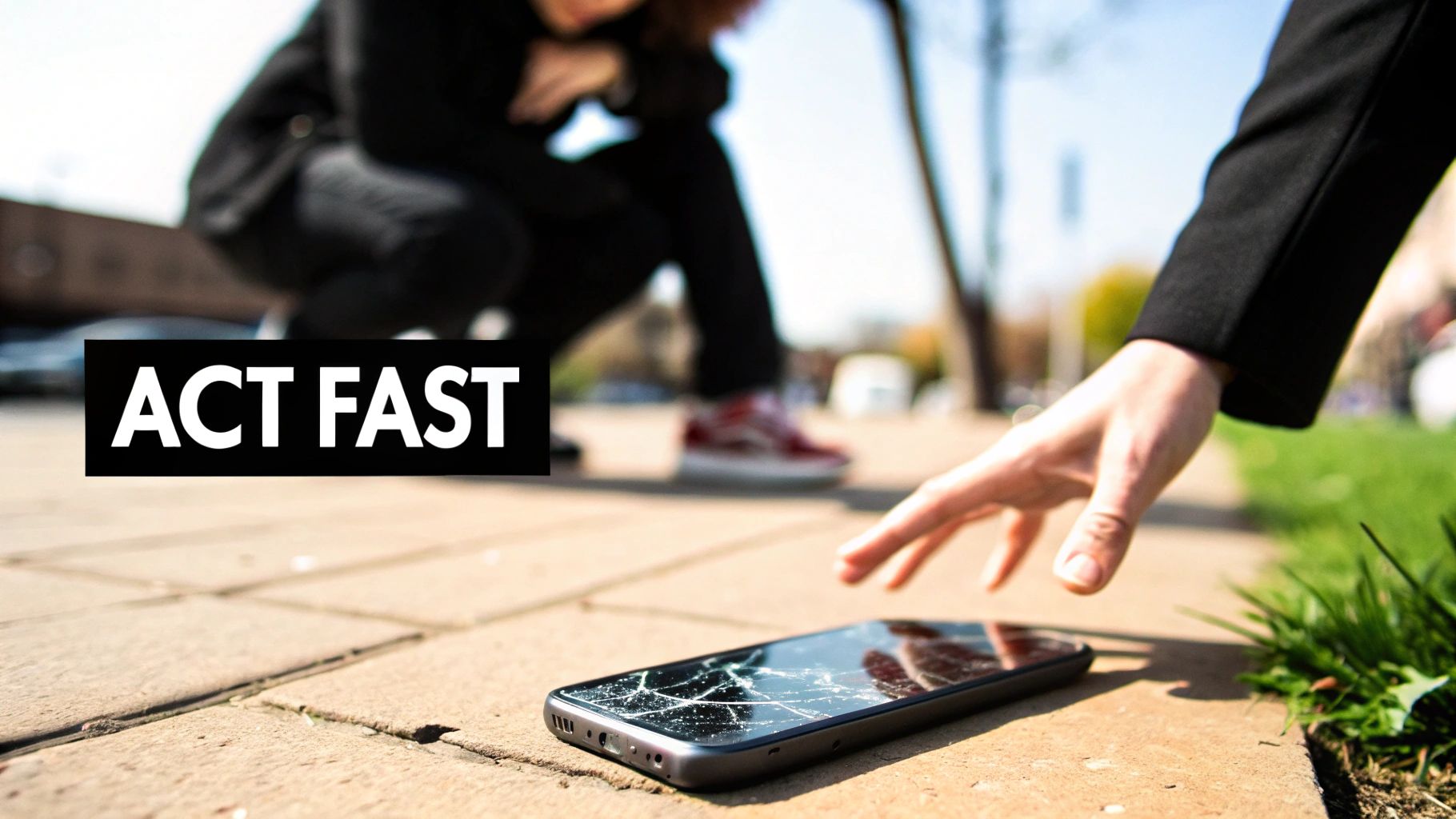 A cracked smartphone lies on the ground with a hand reaching for it, and 'ACT FAST' text overlay.