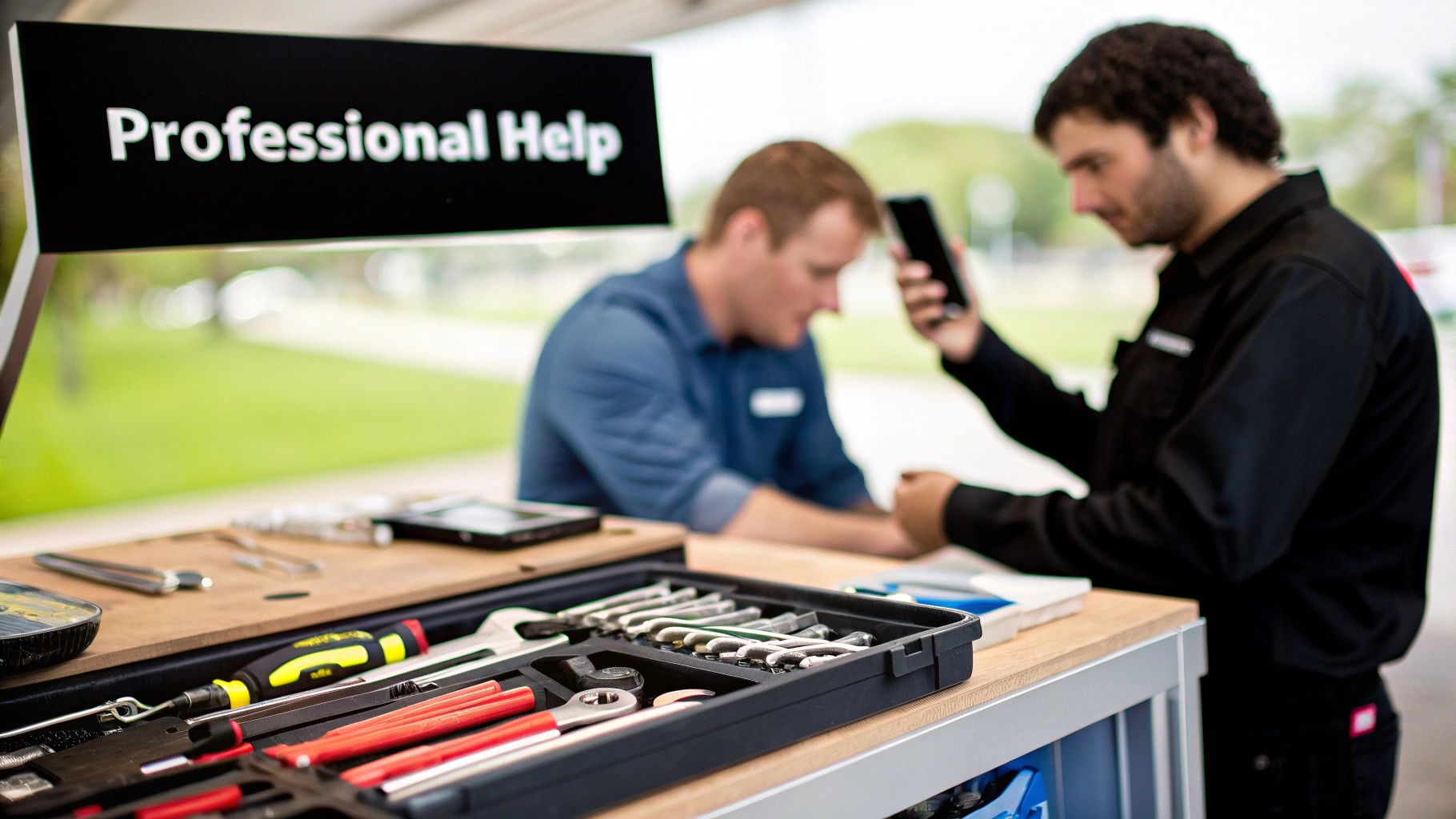 A professional help station with technicians, tools, and smartphones, offering technical support.