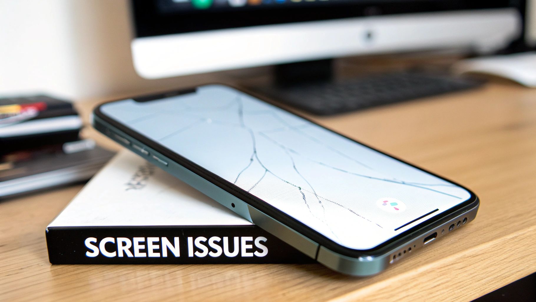 A cracked iPhone 13 Pro Max screen resting on a book titled 'SCREEN ISSUES' on a wooden desk.