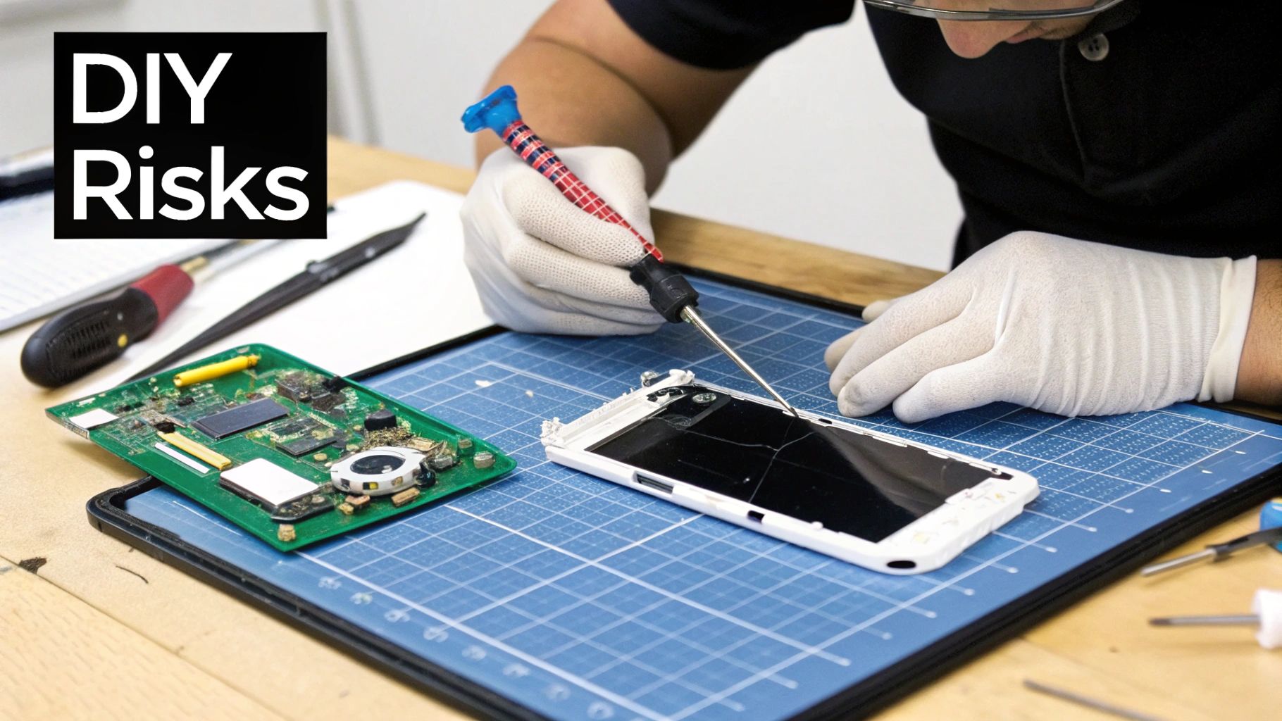 A person wearing gloves uses a screwdriver to repair a smartphone with a broken screen on a blue mat, illustrating DIY risks.