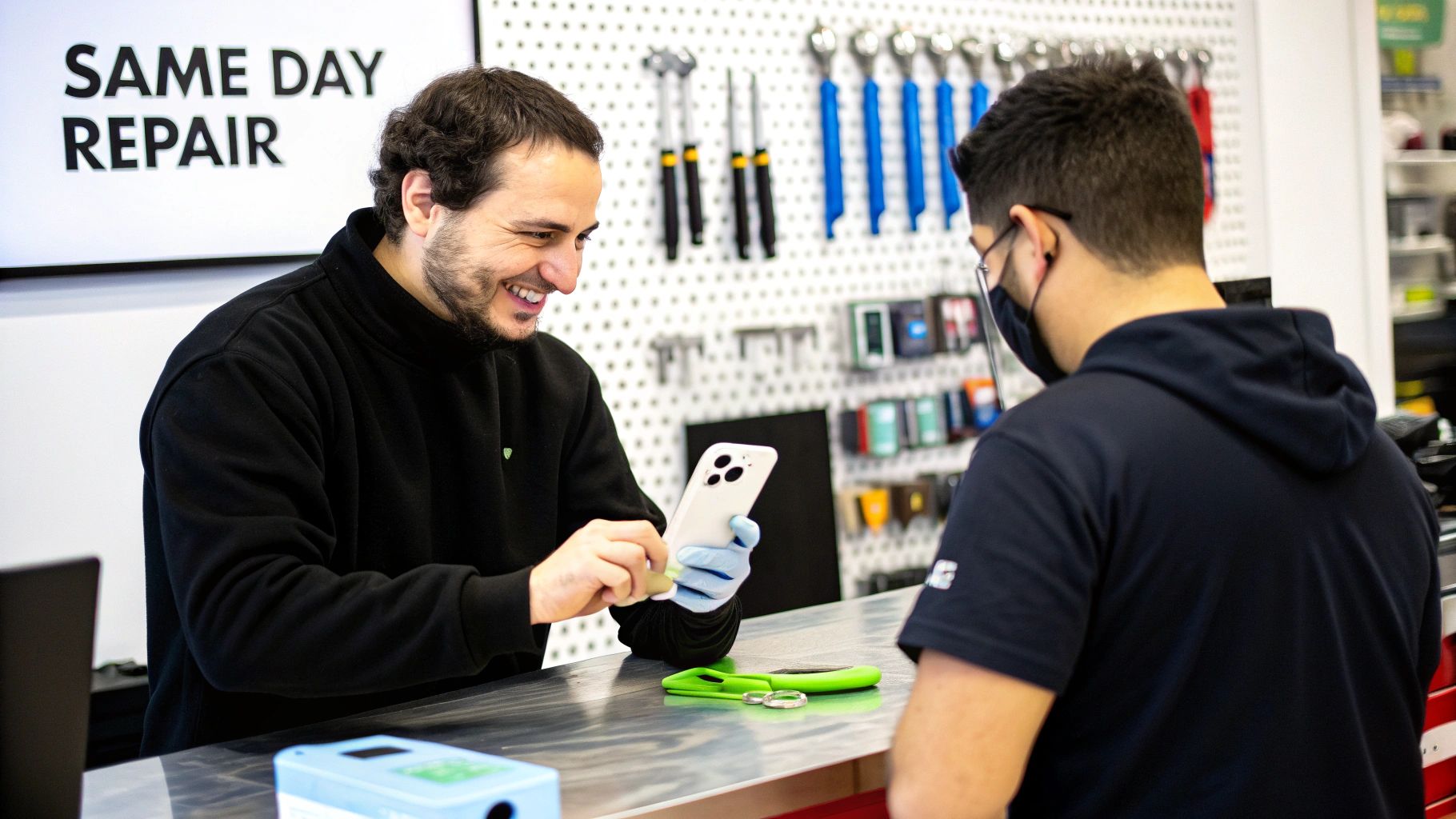 A smiling technician in gloves shows a customer a white iPhone at a phone repair shop.