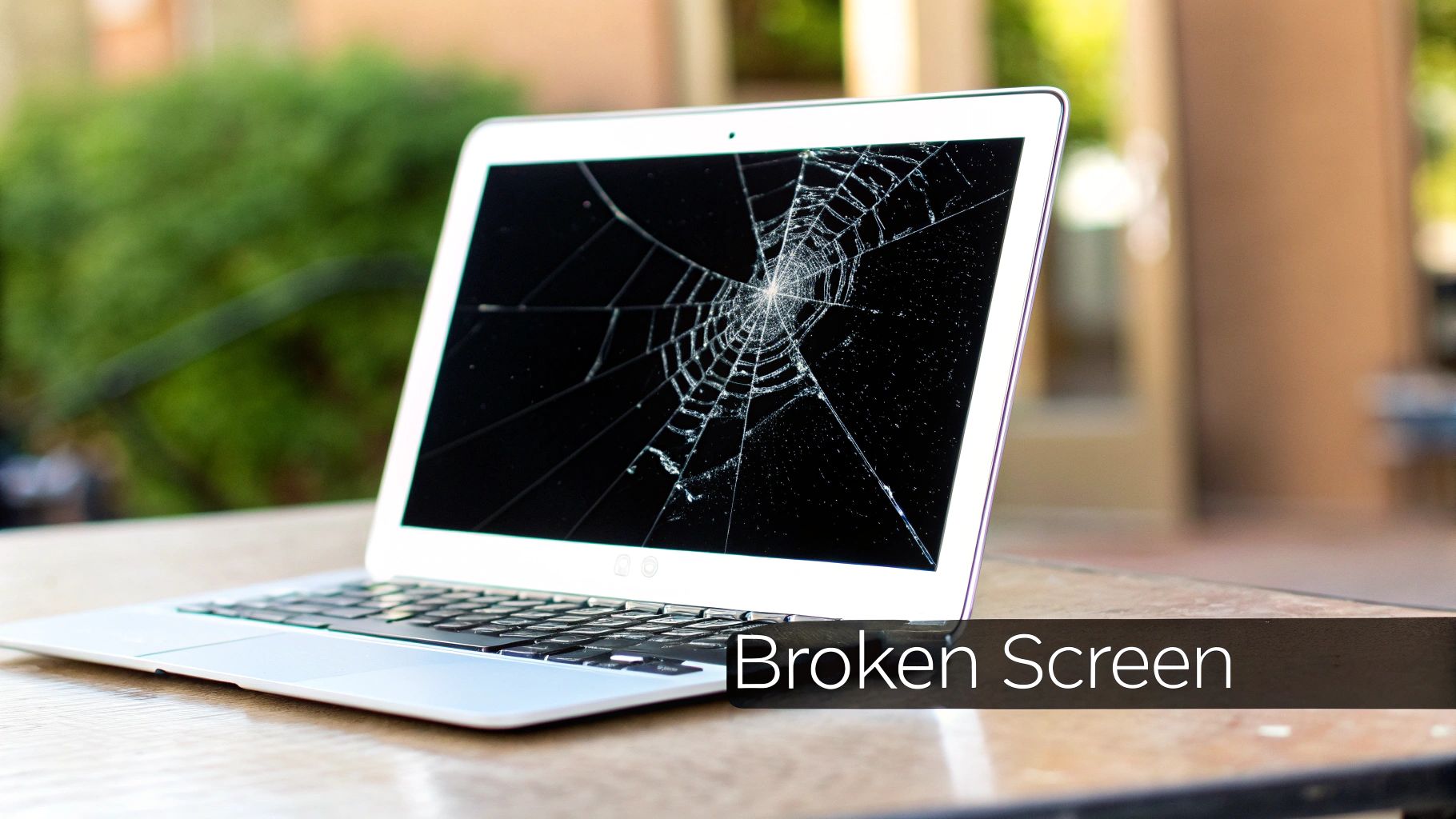 A white MacBook Air laptop sitting on a wooden table with a completely shattered and broken screen.