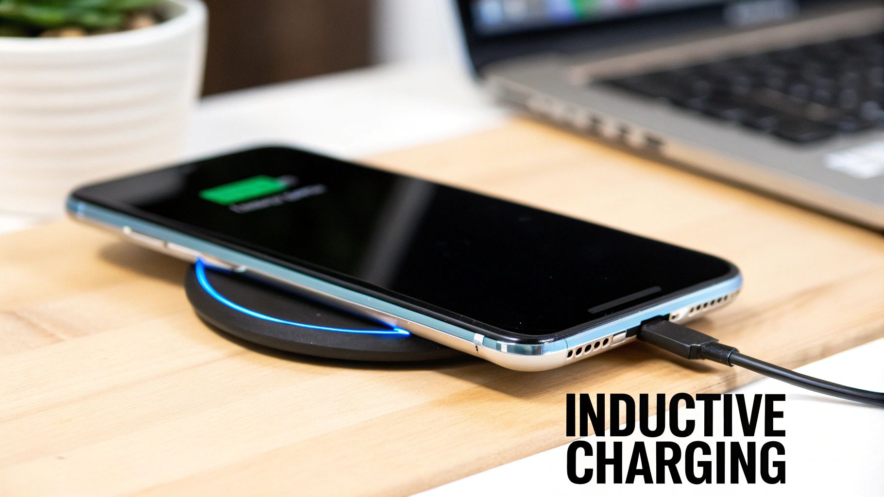 A smartphone is being charged wirelessly on a black charging pad with a glowing blue light.