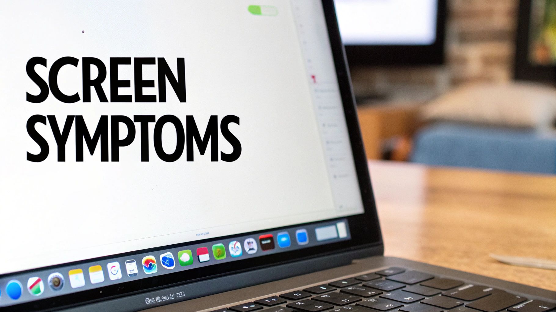 A close-up of a MacBook laptop screen displaying the words 'SCREEN SYMPTOMS' in bold black text.