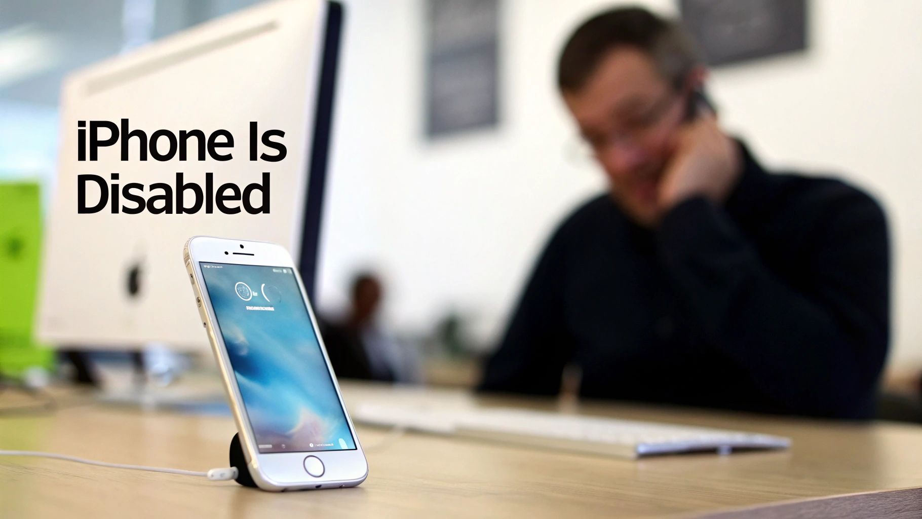 A close-up shot of a smartphone screen displaying the 'iPhone is disabled' message.