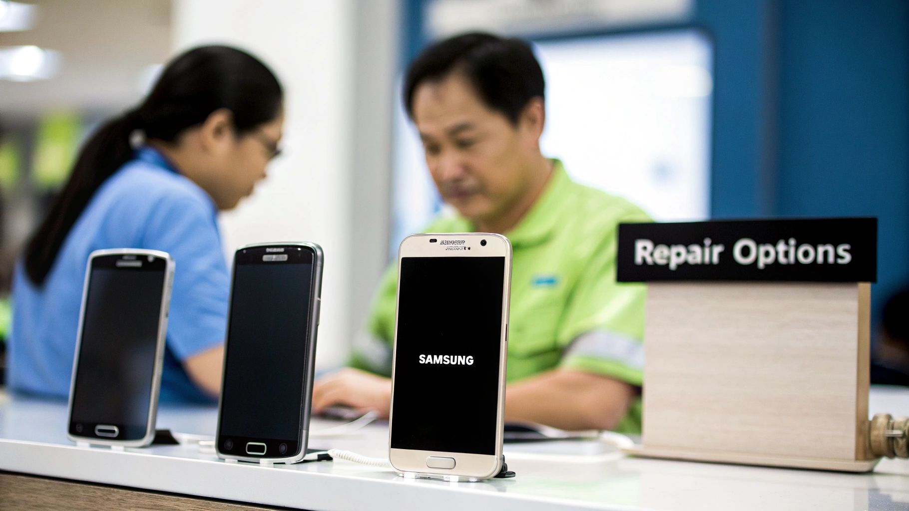 Three Samsung smartphones on a counter with a 'Repair Options' sign, and two people in the background.