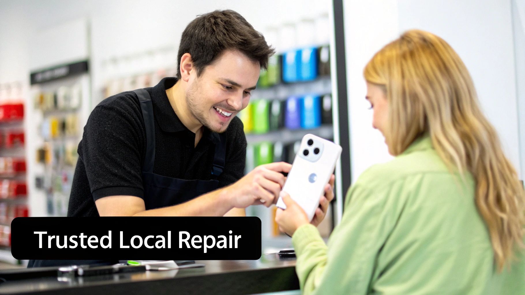 Smiling technician showing a repaired iPhone 14 Pro Max to a happy customer in a local repair shop.