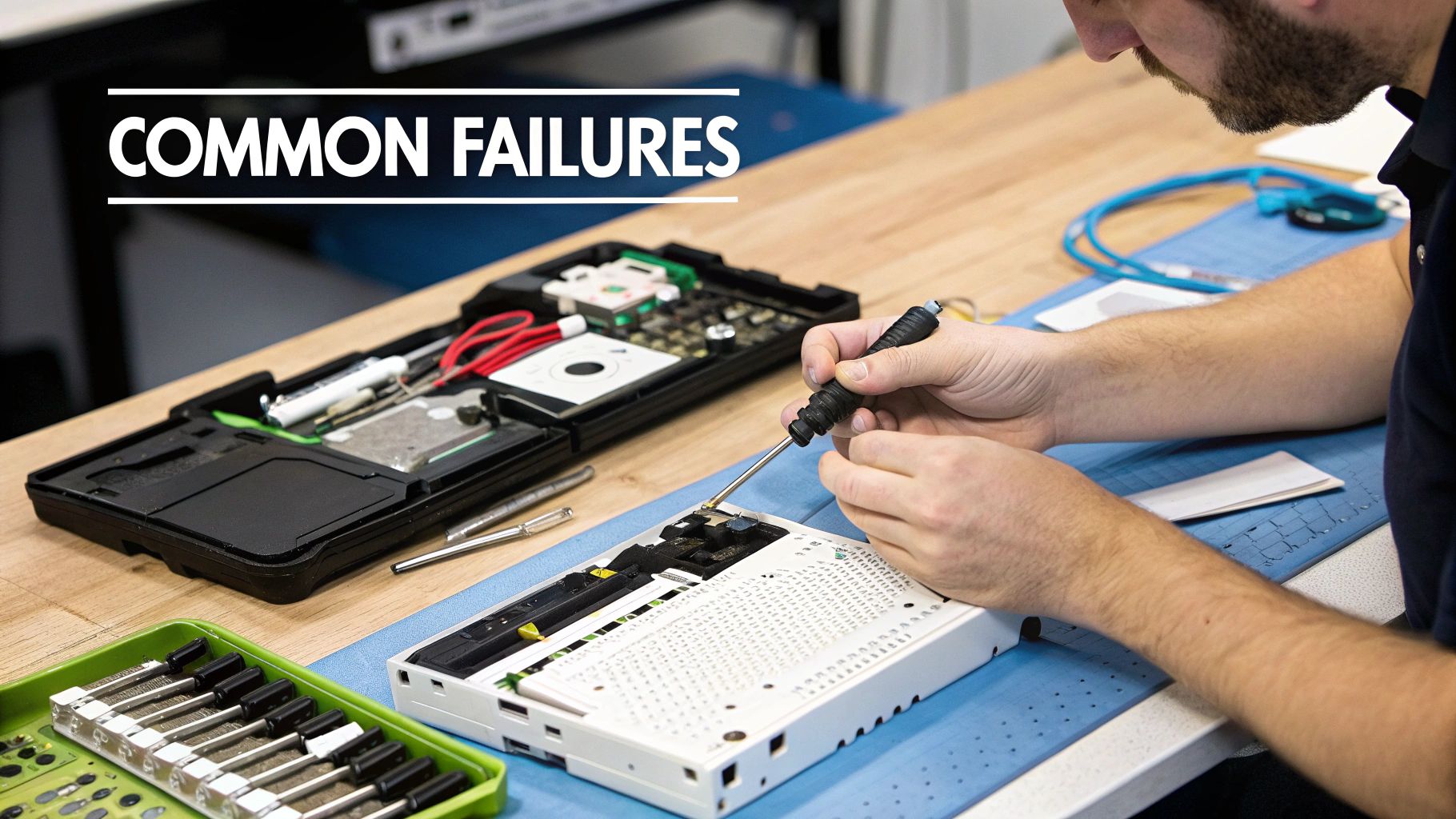A technician working on the intricate motherboard of a gaming console, with various tools laid out on the workbench.