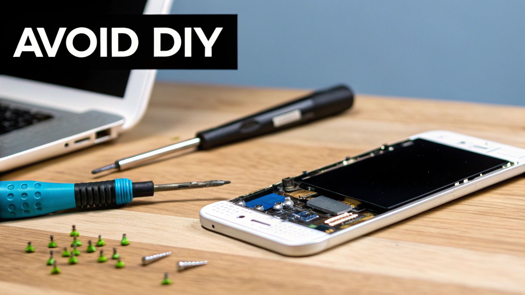 Disassembled smartphone on a wooden table with screwdrivers and small components, illustrating a complex repair.