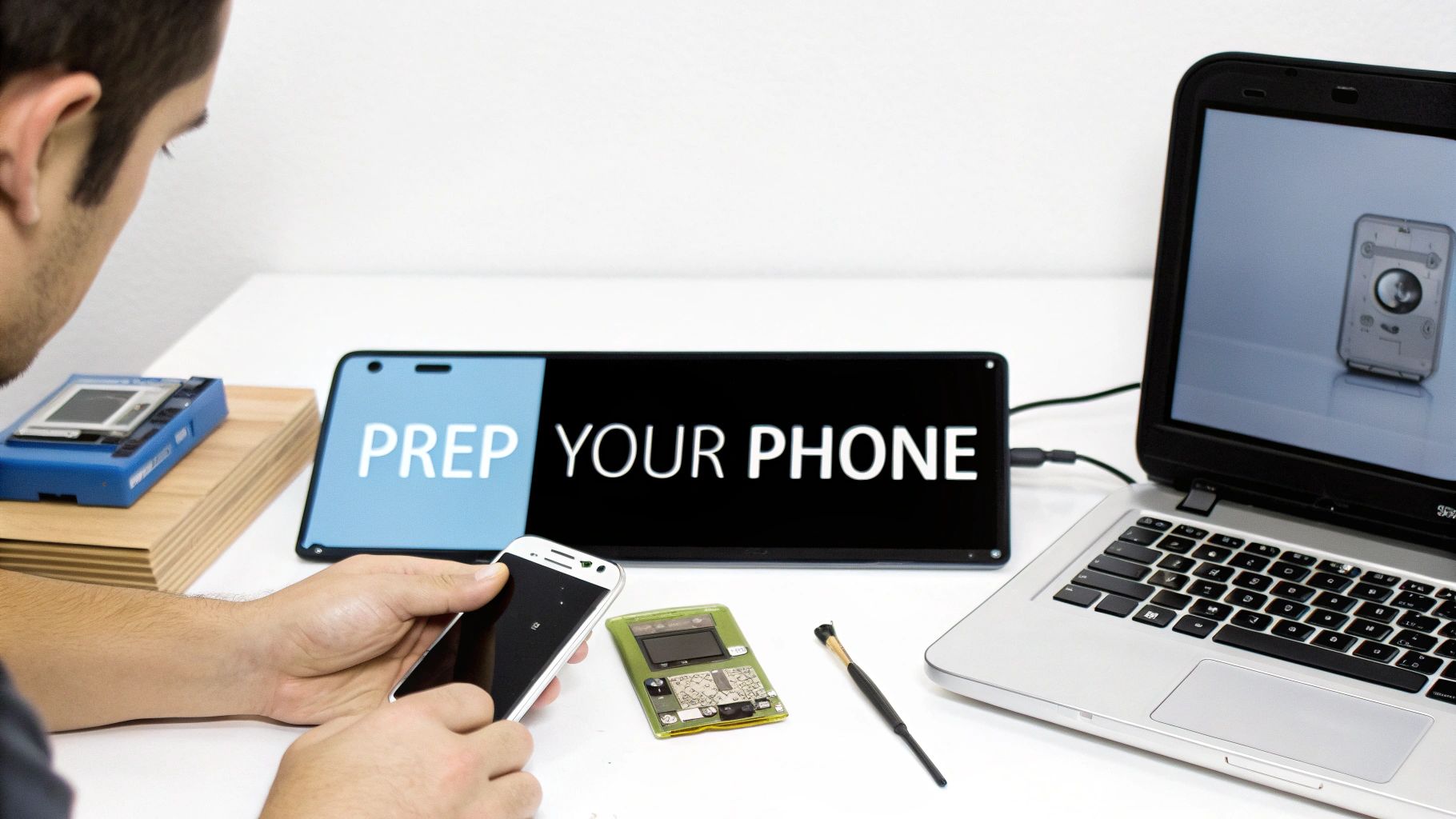 A person holding a smartphone, with tools and a laptop on a white desk, preparing for phone repair.