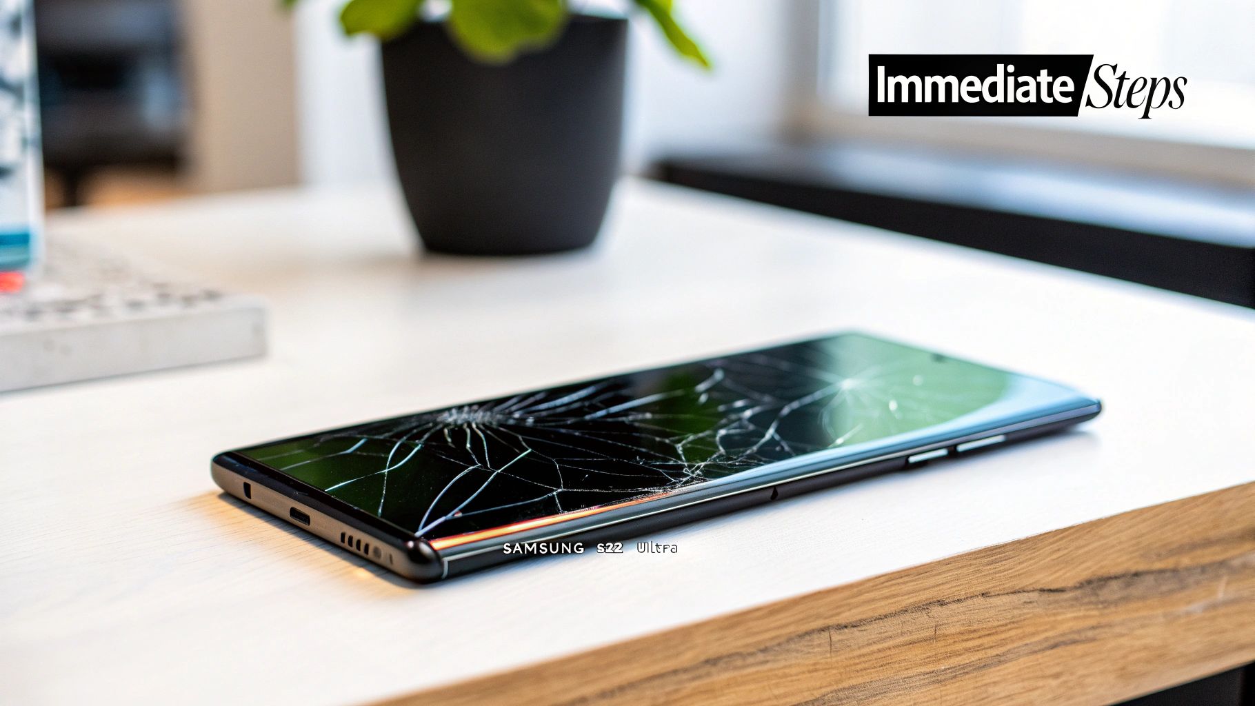 A black Samsung S22 Ultra smartphone with a severely cracked screen lies on a light wooden desk.