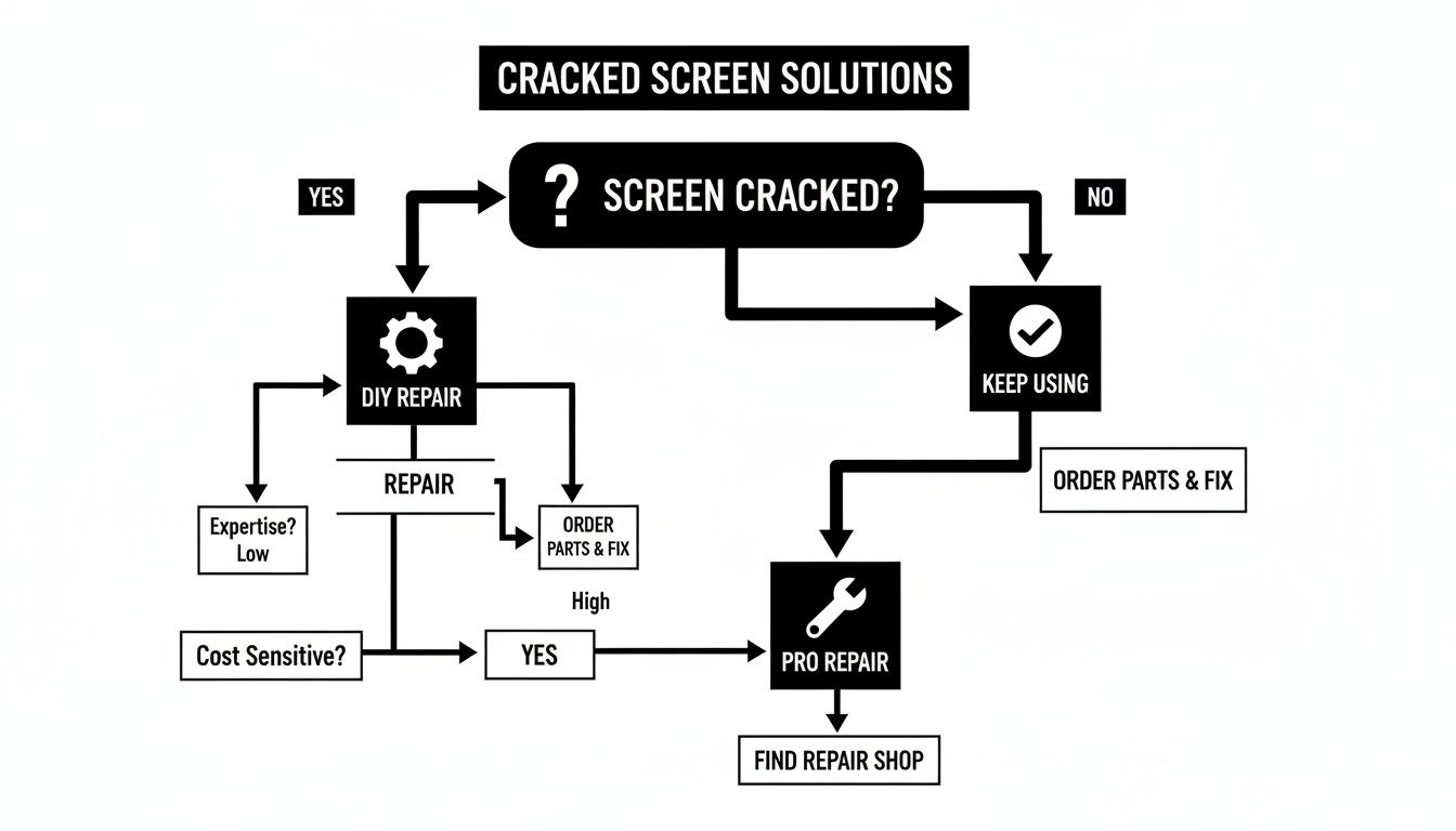 Flowchart diagram outlining solutions for cracked screens, guiding users through DIY or professional repair options.