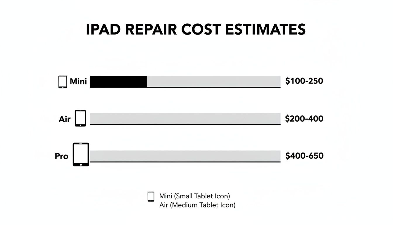 iPad repair cost estimates chart showing price ranges for Mini, Air, and Pro models.