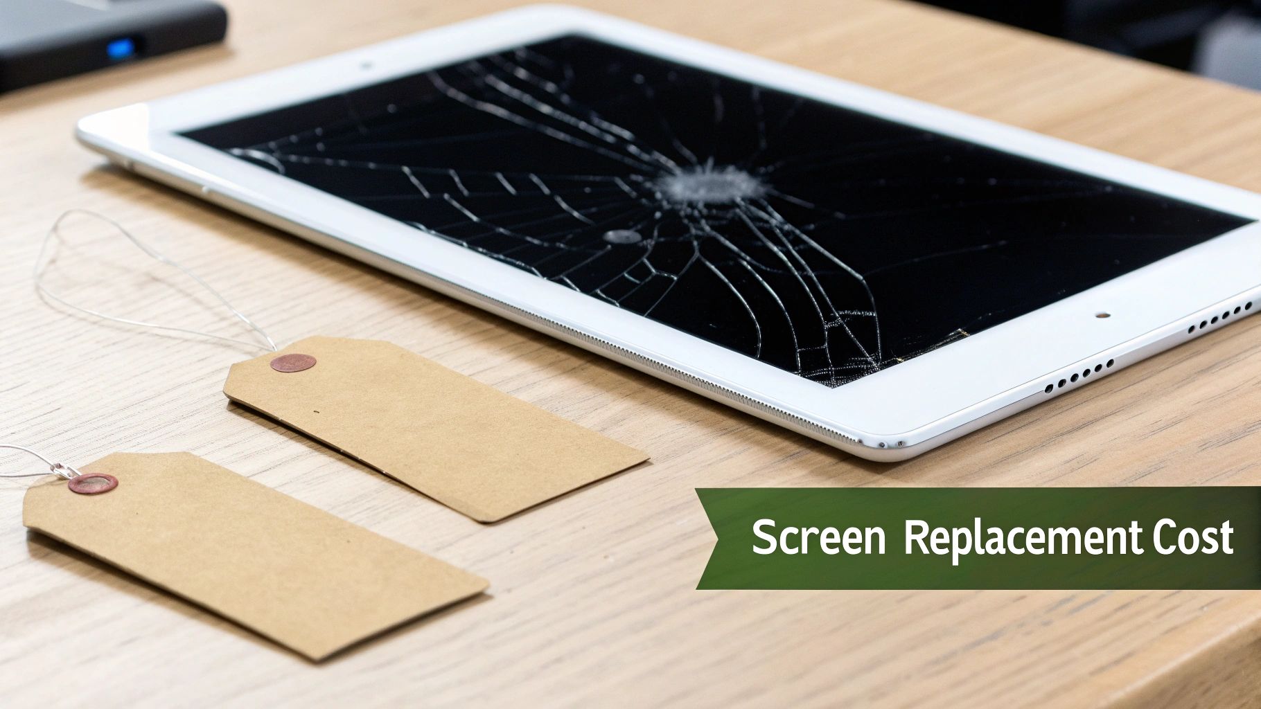 A white tablet with a severely cracked screen rests on a light wooden table, next to two blank paper tags.