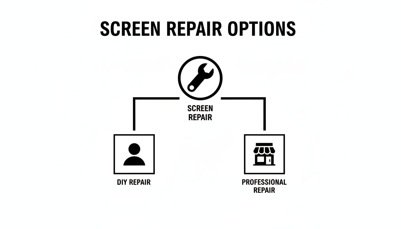 A diagram illustrating screen repair options, showing DIY repair and professional repair branches.