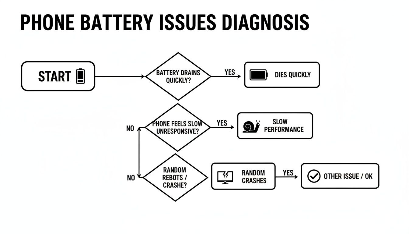 Flowchart illustrating the diagnostic process for common phone battery issues and their symptoms.